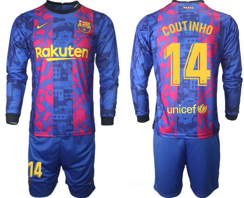 Men 2021-2022 Club Barcelona Second away blue Long Sleeve #14 Soccer Jerseys->barcelona jersey->Soccer Club Jersey